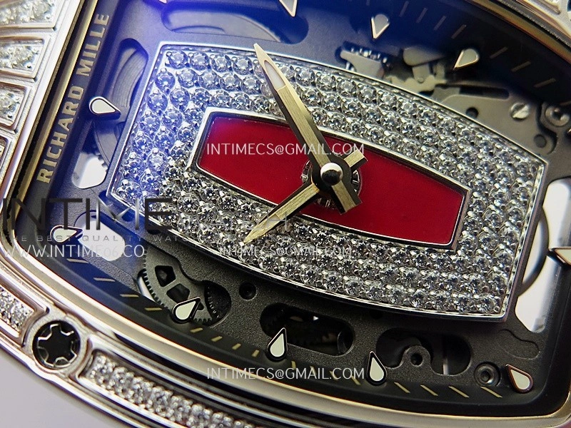 RM07 Paved Diamonds Bezel SS ZF Best Edition Diamonds Skeleton Dial On Red Rubber Strap Asian CRMA2 Clone
