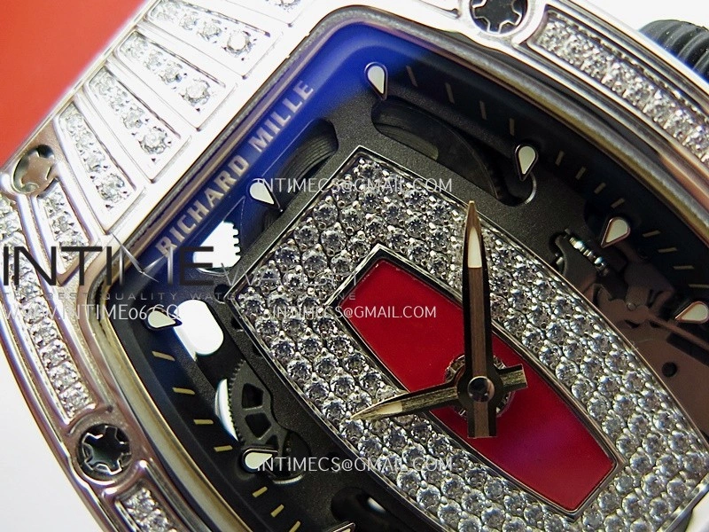RM07 Paved Diamonds Bezel SS ZF Best Edition Diamonds Skeleton Dial On Red Rubber Strap Asian CRMA2 Clone