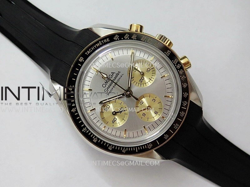 Speedmaster Professional SS YG N1F Best Edition Silver Dial Gold Subdial On Black Rubber Strap Asian 3861