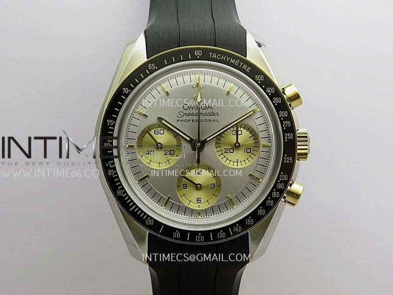 Speedmaster Professional SS YG N1F Best Edition Silver Dial Gold Subdial On Black Rubber Strap Asian 3861