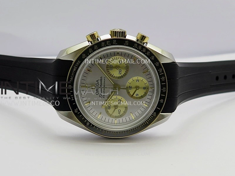 Speedmaster Professional SS YG N1F Best Edition Silver Dial Gold Subdial On Black Rubber Strap Asian 3861