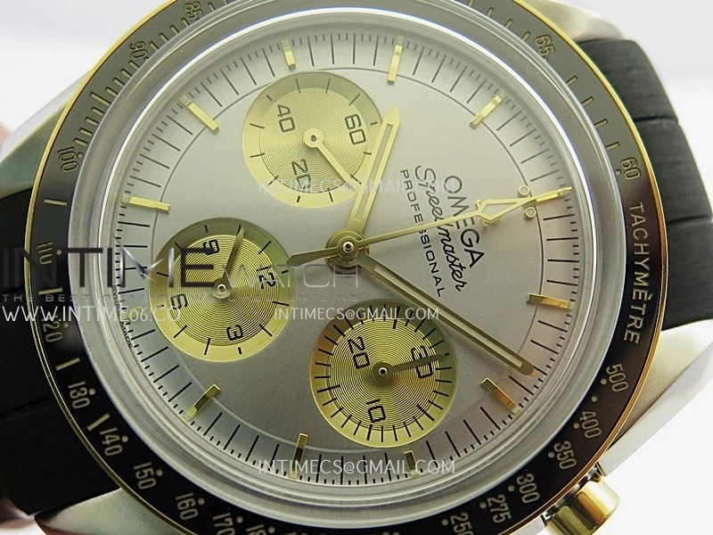 Speedmaster Professional SS YG N1F Best Edition Silver Dial Gold Subdial On Black Rubber Strap Asian 3861