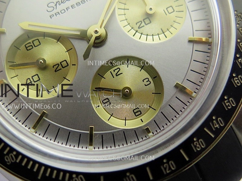 Speedmaster Professional SS YG N1F Best Edition Silver Dial Gold Subdial On Black Rubber Strap Asian 3861