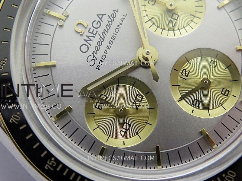Speedmaster Professional SS YG N1F Best Edition Silver Dial Gold Subdial On Black Rubber Strap Asian 3861