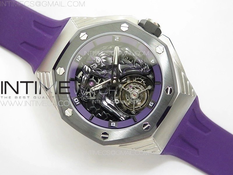 Royal Oak Concept 26620 Satin-polished Steel 1:1 Best Edition Skeleton Dial on Purple Rubber Strap A2965