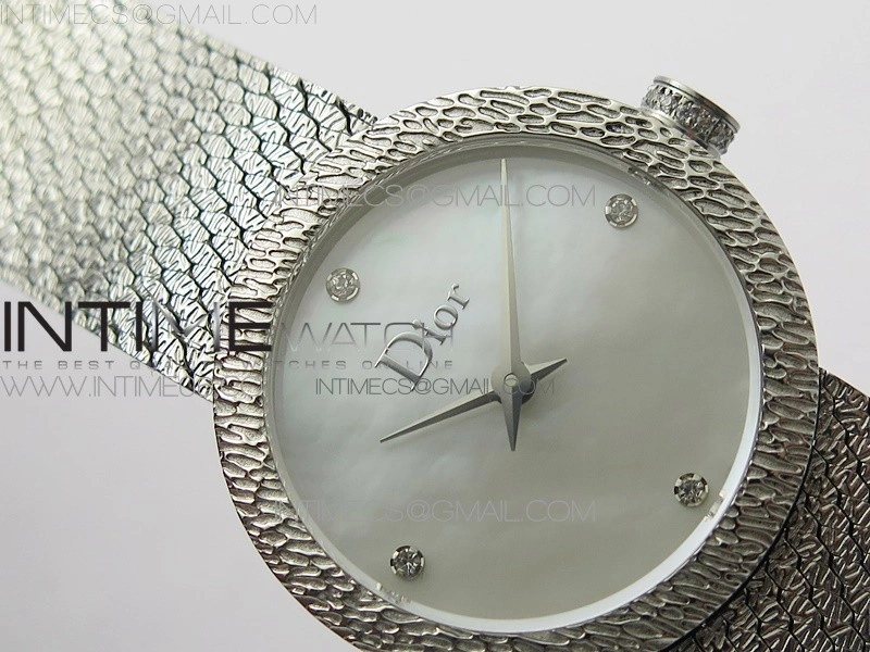 La D de dior Satine SS Case 8848F 1:1 Best Edition MOP White Dial on SS bracelet Swiss Quartz