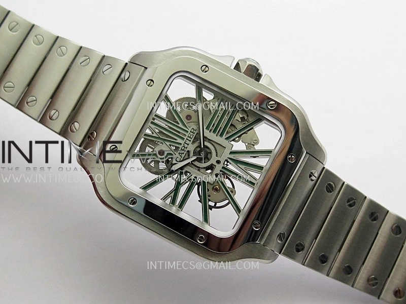 Santos de Cartier Skeleton SS MLF Skeleton Green Dial on SS SmartLink Bracelet 9611MC Super Clone