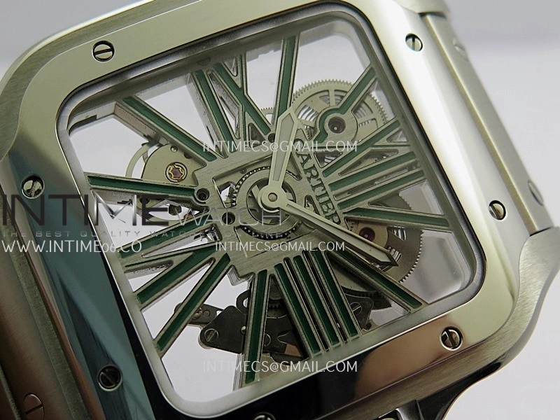 Santos de Cartier Skeleton SS MLF Skeleton Green Dial on SS SmartLink Bracelet 9611MC Super Clone