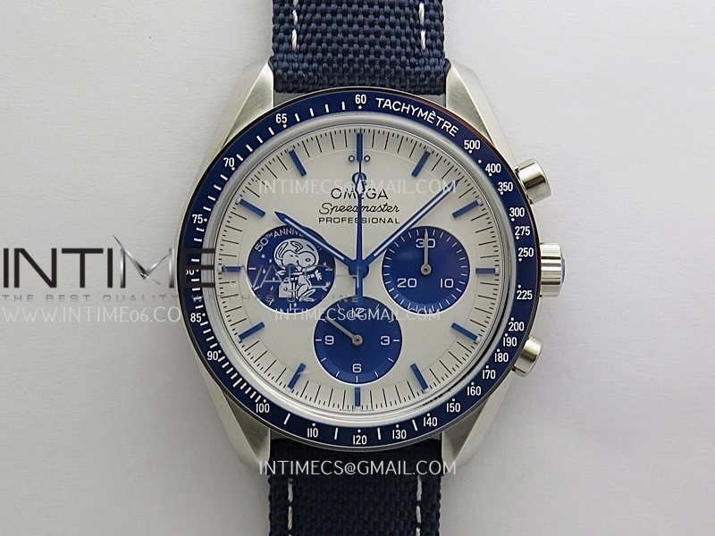 Speedmaster Professional Snoopy SS SMF 1:1 Best Edition Silver Dial Blue Marker On Blue Nylon Strap A3861