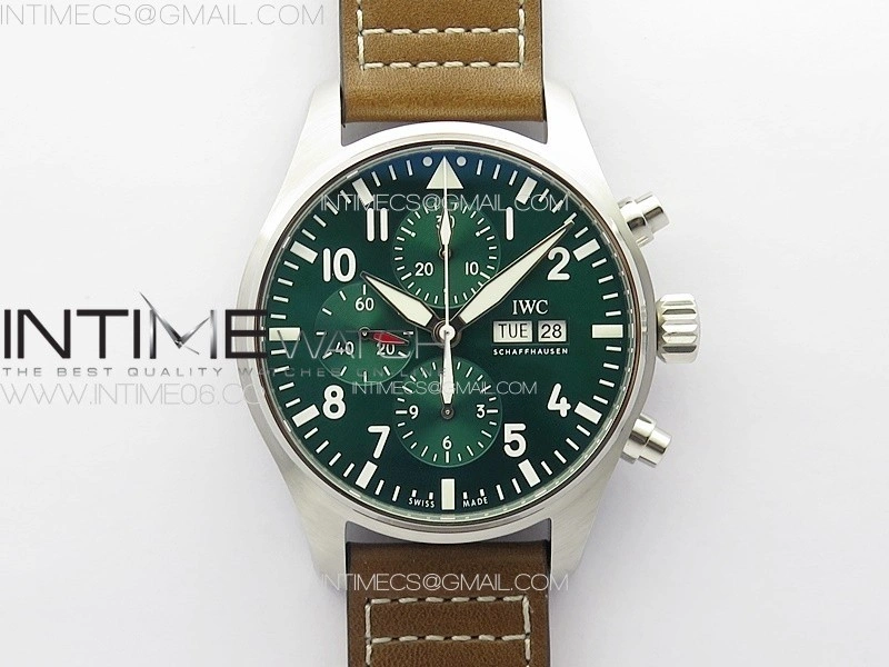 Pilot Chrono Spitfire IW377726 SS ZF 1:1 Best Edition Green Dial on Brown Leather Strap A7750