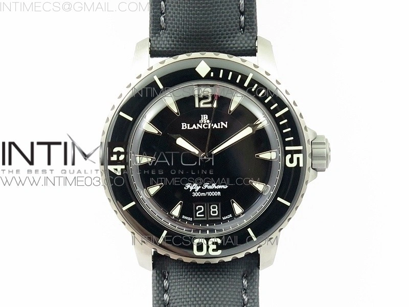 Fifty Fathoms Titanium Big Date Black HGF Best Edition Black Dial on Sail-canvas Strap A6918B