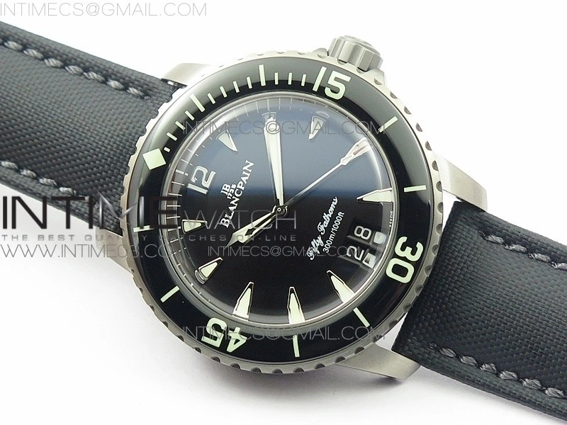 Fifty Fathoms Titanium Big Date Black HGF Best Edition Black Dial on Sail-canvas Strap A6918B