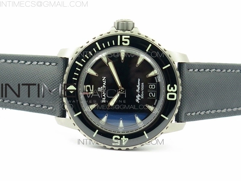Fifty Fathoms Titanium Big Date Black HGF Best Edition Black Dial on Sail-canvas Strap A6918B