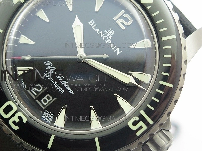 Fifty Fathoms Titanium Big Date Black HGF Best Edition Black Dial on Sail-canvas Strap A6918B
