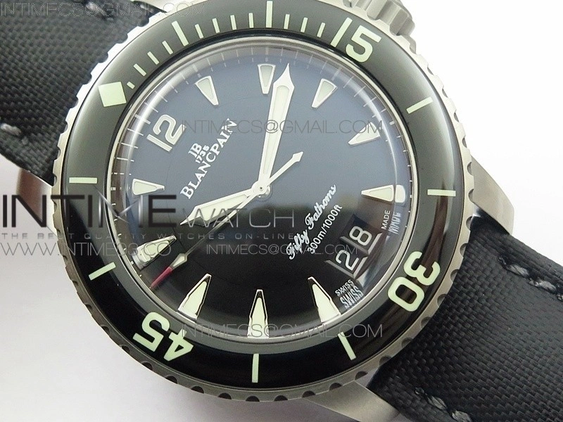 Fifty Fathoms Titanium Big Date Black HGF Best Edition Black Dial on Sail-canvas Strap A6918B
