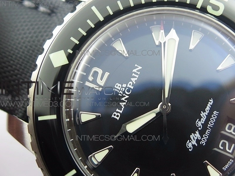 Fifty Fathoms Titanium Big Date Black HGF Best Edition Black Dial on Sail-canvas Strap A6918B