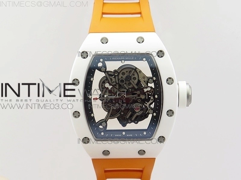 RM055 Real White Ceramic Case V2 KVF Best Edition Skeleton Dial White Crown on Orange Rubber Strap MIYOTA8215