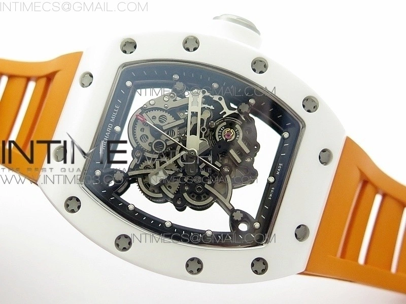 RM055 Real White Ceramic Case V2 KVF Best Edition Skeleton Dial White Crown on Orange Rubber Strap MIYOTA8215
