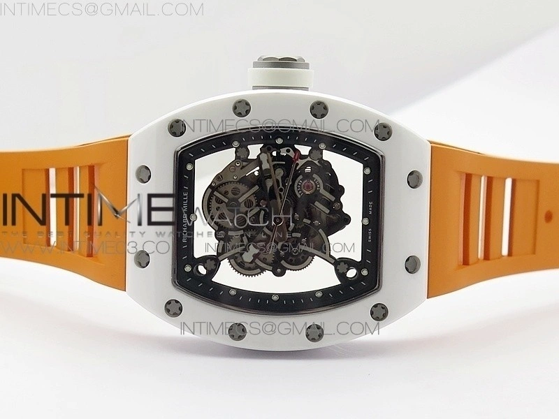 RM055 Real White Ceramic Case V2 KVF Best Edition Skeleton Dial White Crown on Orange Rubber Strap MIYOTA8215