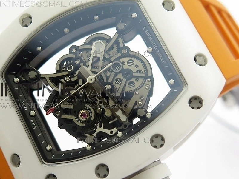 RM055 Real White Ceramic Case V2 KVF Best Edition Skeleton Dial White Crown on Orange Rubber Strap MIYOTA8215