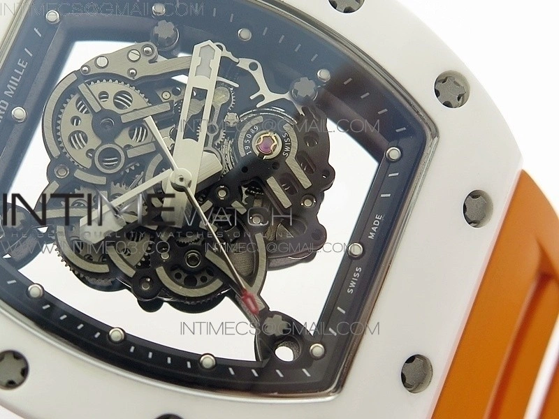 RM055 Real White Ceramic Case V2 KVF Best Edition Skeleton Dial White Crown on Orange Rubber Strap MIYOTA8215