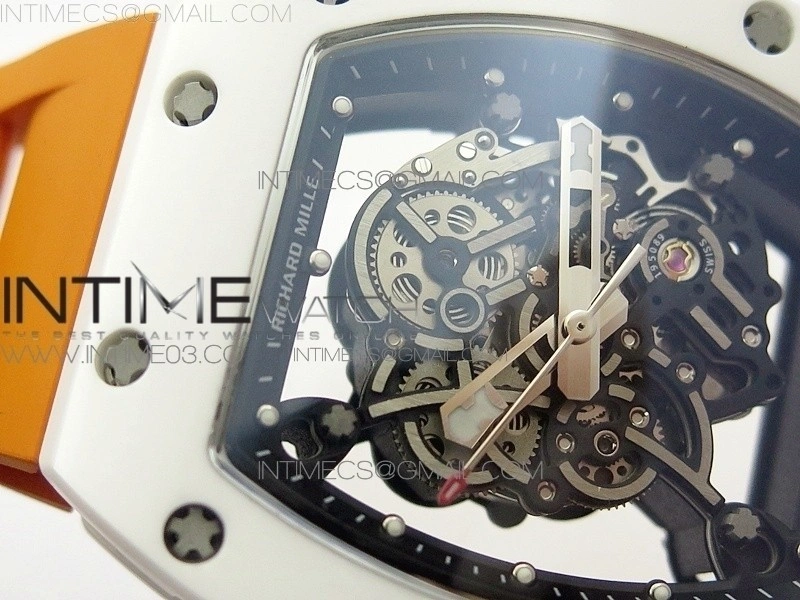RM055 Real White Ceramic Case V2 KVF Best Edition Skeleton Dial White Crown on Orange Rubber Strap MIYOTA8215