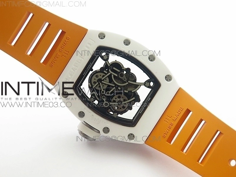 RM055 Real White Ceramic Case V2 KVF Best Edition Skeleton Dial White Crown on Orange Rubber Strap MIYOTA8215