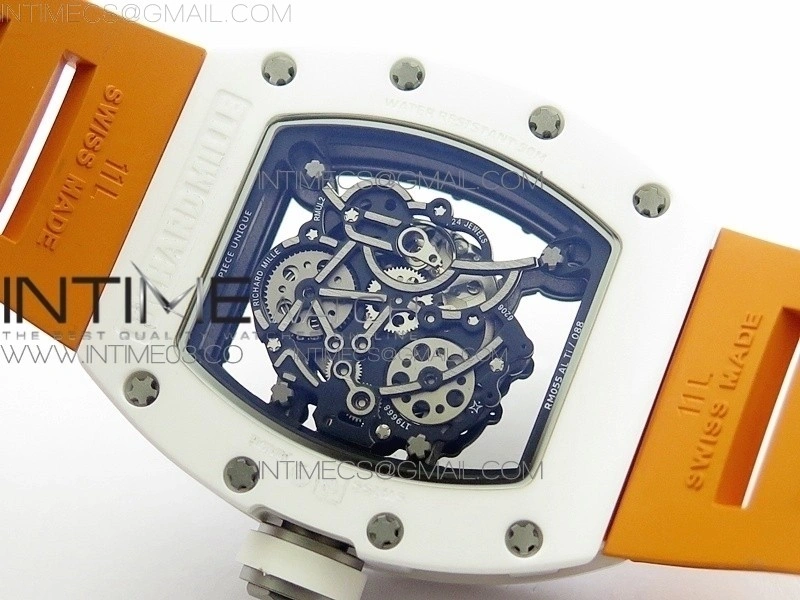 RM055 Real White Ceramic Case V2 KVF Best Edition Skeleton Dial White Crown on Orange Rubber Strap MIYOTA8215