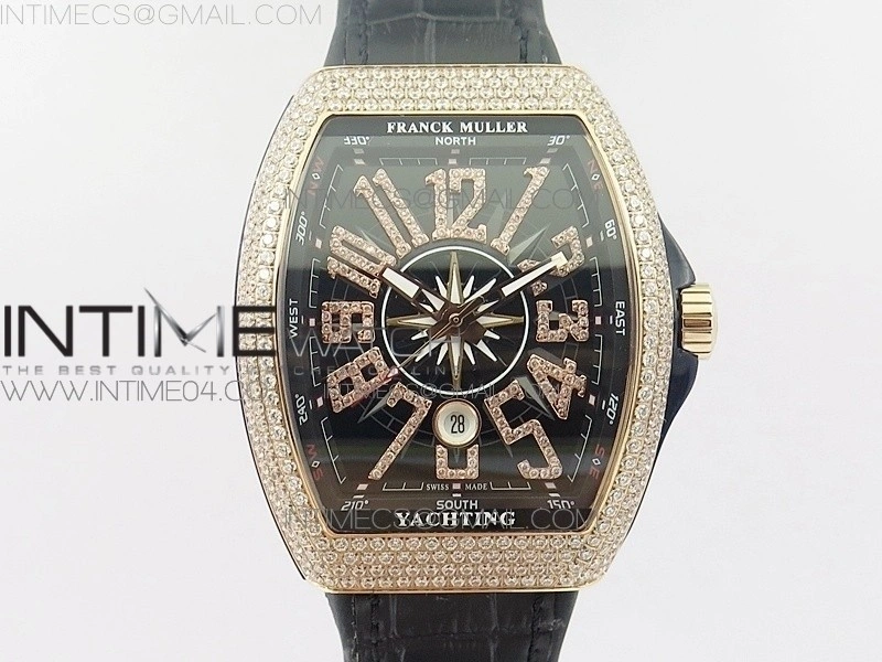 Vanguard V45 RG Full Diamonds Black Textured Diamonds Markers on Black Gummy Strap A2813