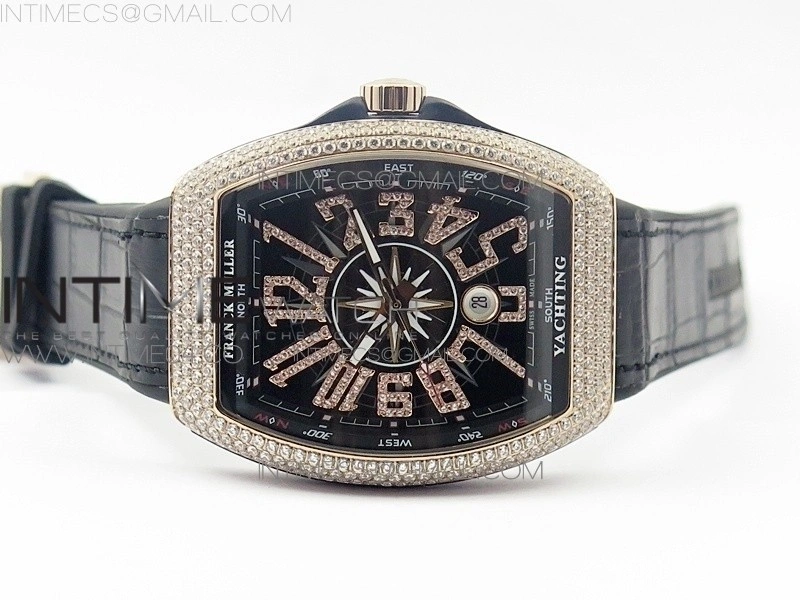 Vanguard V45 RG Full Diamonds Black Textured Diamonds Markers on Black Gummy Strap A2813