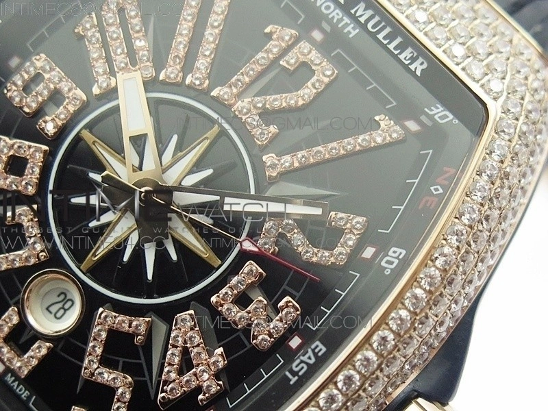 Vanguard V45 RG Full Diamonds Black Textured Diamonds Markers on Black Gummy Strap A2813