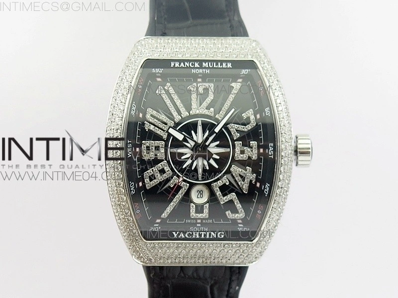 Vanguard V45 SS Full Diamonds Black Textured Diamonds Markers on Black Gummy Strap A2813