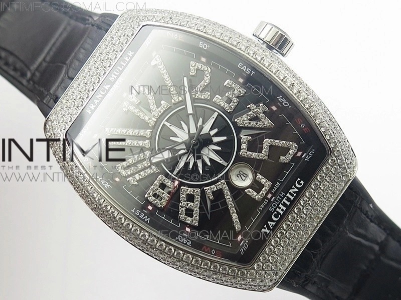 Vanguard V45 SS Full Diamonds Black Textured Diamonds Markers on Black Gummy Strap A2813