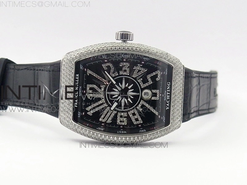 Vanguard V45 SS Full Diamonds Black Textured Diamonds Markers on Black Gummy Strap A2813