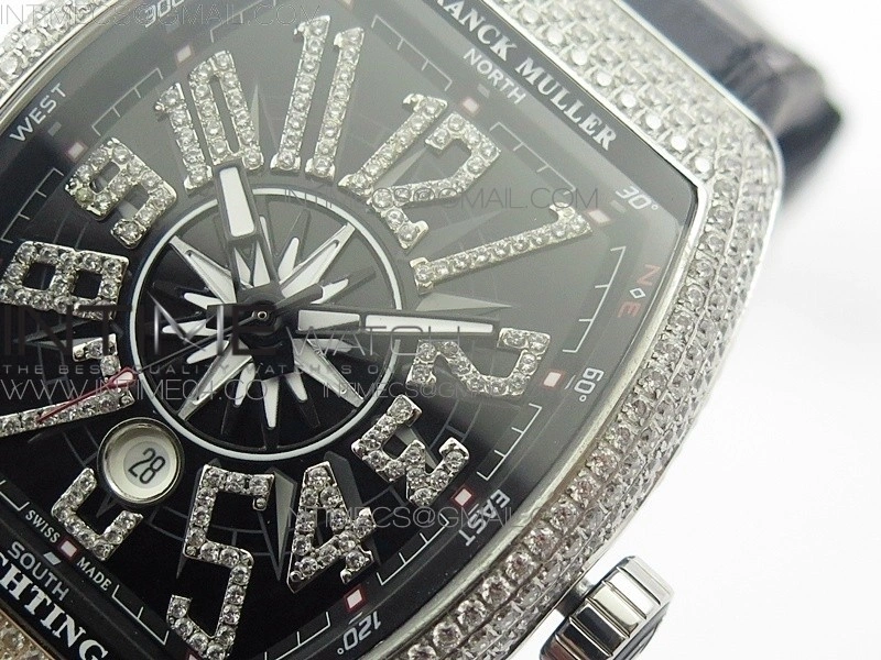 Vanguard V45 SS Full Diamonds Black Textured Diamonds Markers on Black Gummy Strap A2813