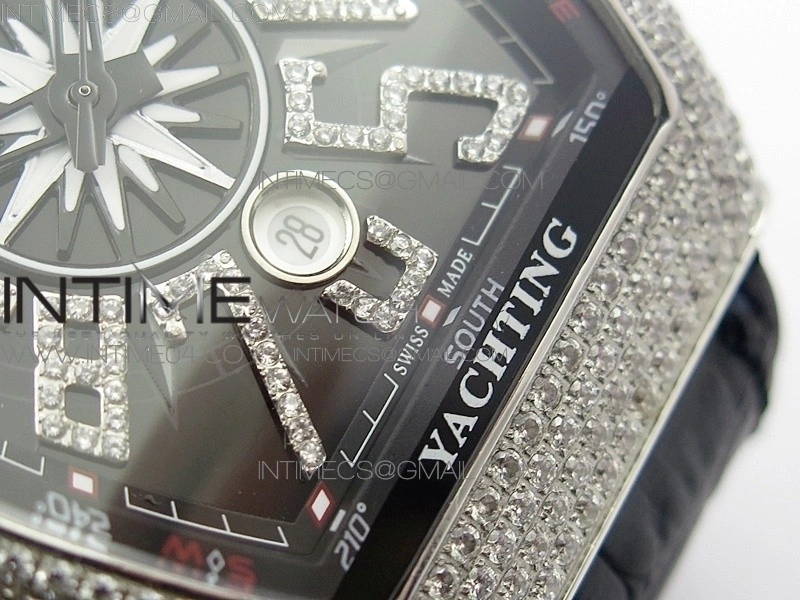 Vanguard V45 SS Full Diamonds Black Textured Diamonds Markers on Black Gummy Strap A2813