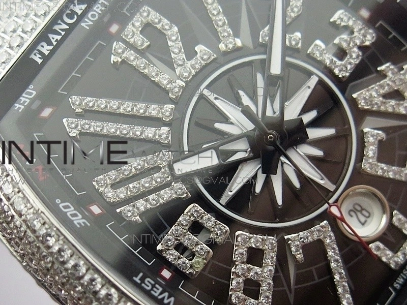 Vanguard V45 SS Full Diamonds Black Textured Diamonds Markers on Black Gummy Strap A2813