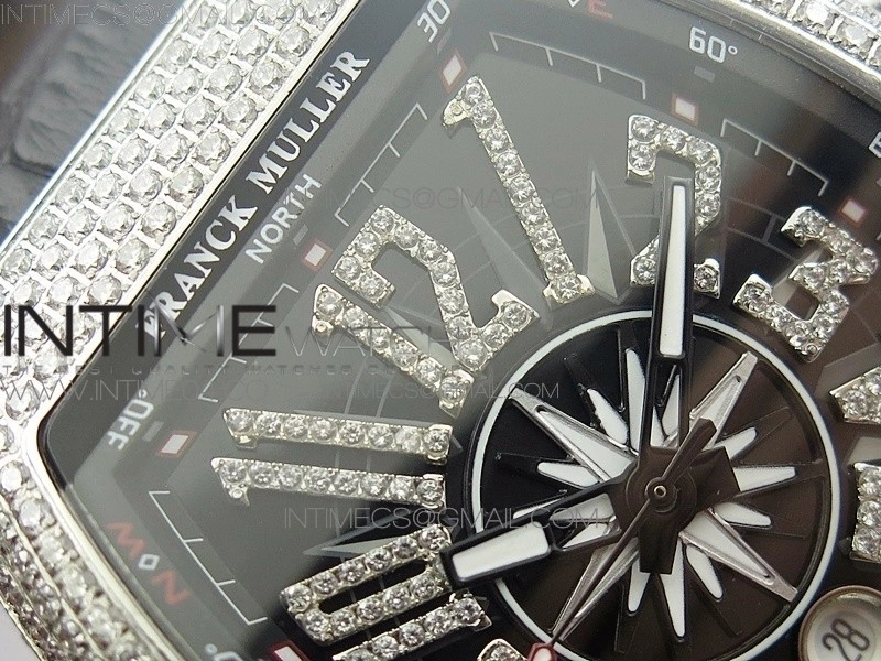 Vanguard V45 SS Full Diamonds Black Textured Diamonds Markers on Black Gummy Strap A2813