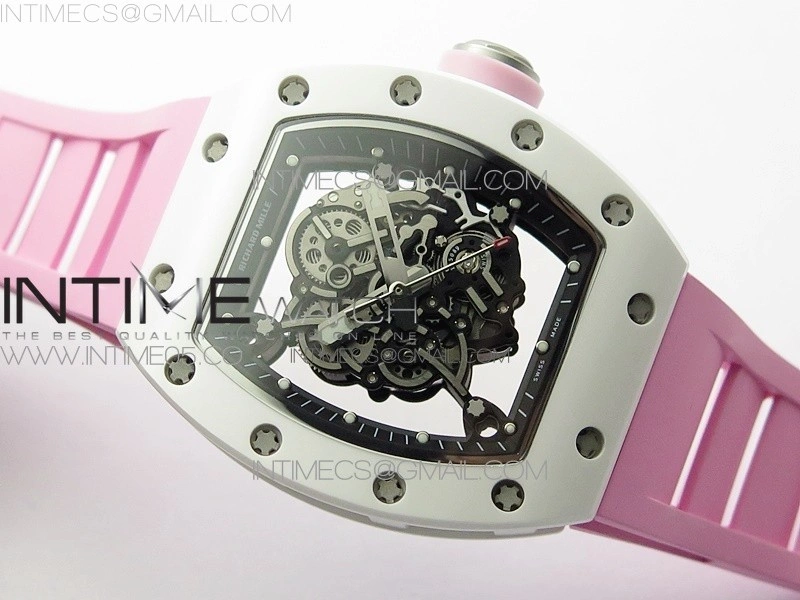 RM055 White Ceramic KVF Best Edition Skeleton Dial on Pink Rubber Strap MIYOTA8215 V3