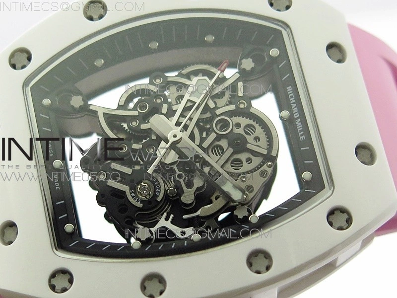 RM055 White Ceramic KVF Best Edition Skeleton Dial on Pink Rubber Strap MIYOTA8215 V3