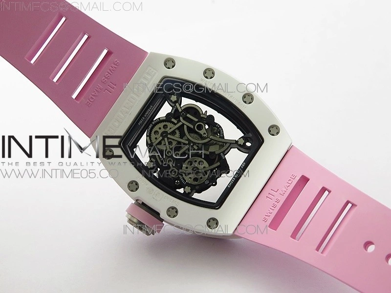 RM055 White Ceramic KVF Best Edition Skeleton Dial on Pink Rubber Strap MIYOTA8215 V3
