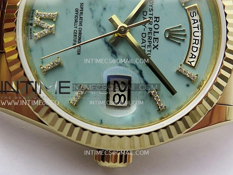 Day Date 128238 36mm YG KF 1:1 Best Edition Turquoise Dial Diamond Marker On President Bracelet A2836