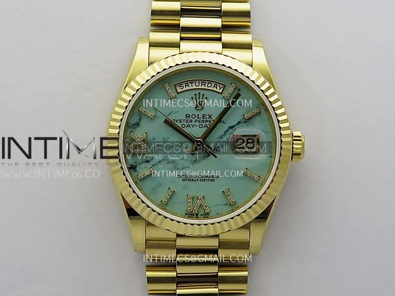 Day Date 128238 36mm YG KF 1:1 Best Edition Turquoise Dial Diamond Marker On President Bracelet A2836