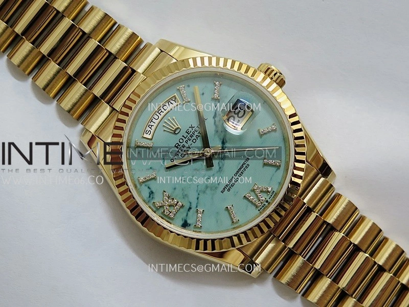 Day Date 128238 36mm YG KF 1:1 Best Edition Turquoise Dial Diamond Marker On President Bracelet A2836