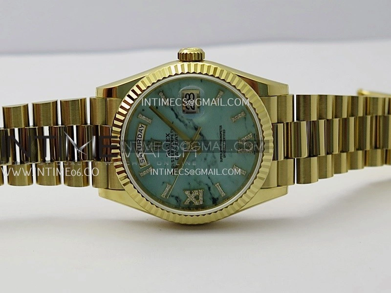 Day Date 128238 36mm YG KF 1:1 Best Edition Turquoise Dial Diamond Marker On President Bracelet A2836