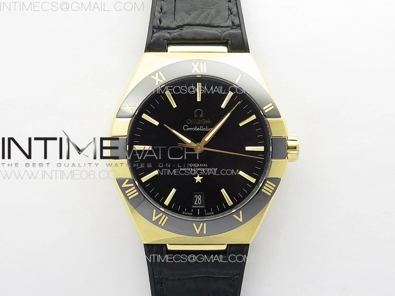Constellation 41mm YG Black Ceramic Bezel VSF 1:1 Best Edition Black Dial on Black Gummy Strap A8900