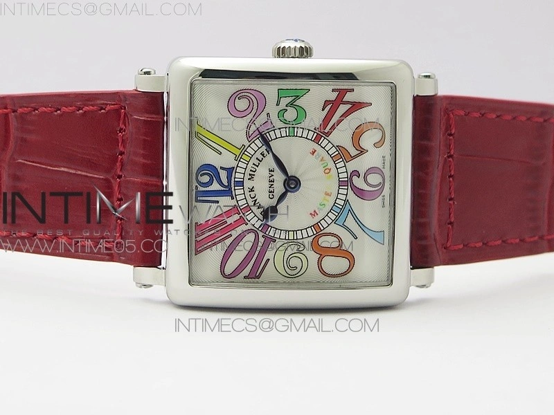 Master Square SS Ladies ZF 1:1 Best Edition White Colorful Arabic Dial on Red Leather Strap Ronda Quartz
