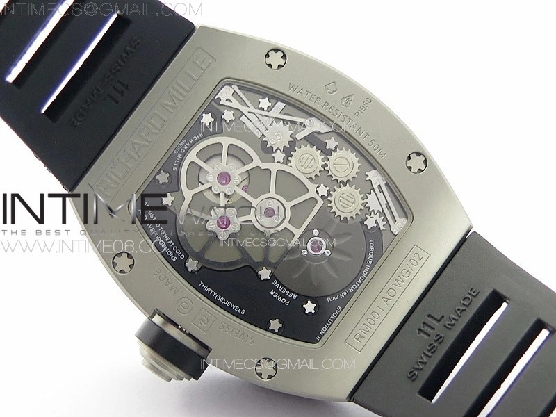 RM001 Satin-polished steel Real PR YSF Skeleton Dial on black Rubber Strap Asian Tourbillon
