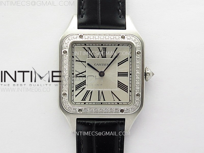 Santos Dumont 43.5mm SS Diamonds Bezel F1F Best Edition Silver Dial on Black Leather Strap Quartz