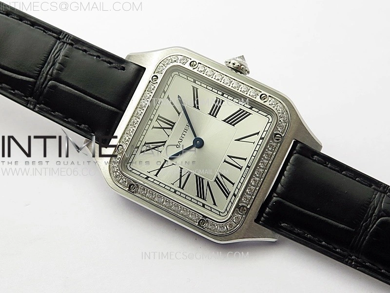 Santos Dumont 43.5mm SS Diamonds Bezel F1F Best Edition Silver Dial on Black Leather Strap Quartz